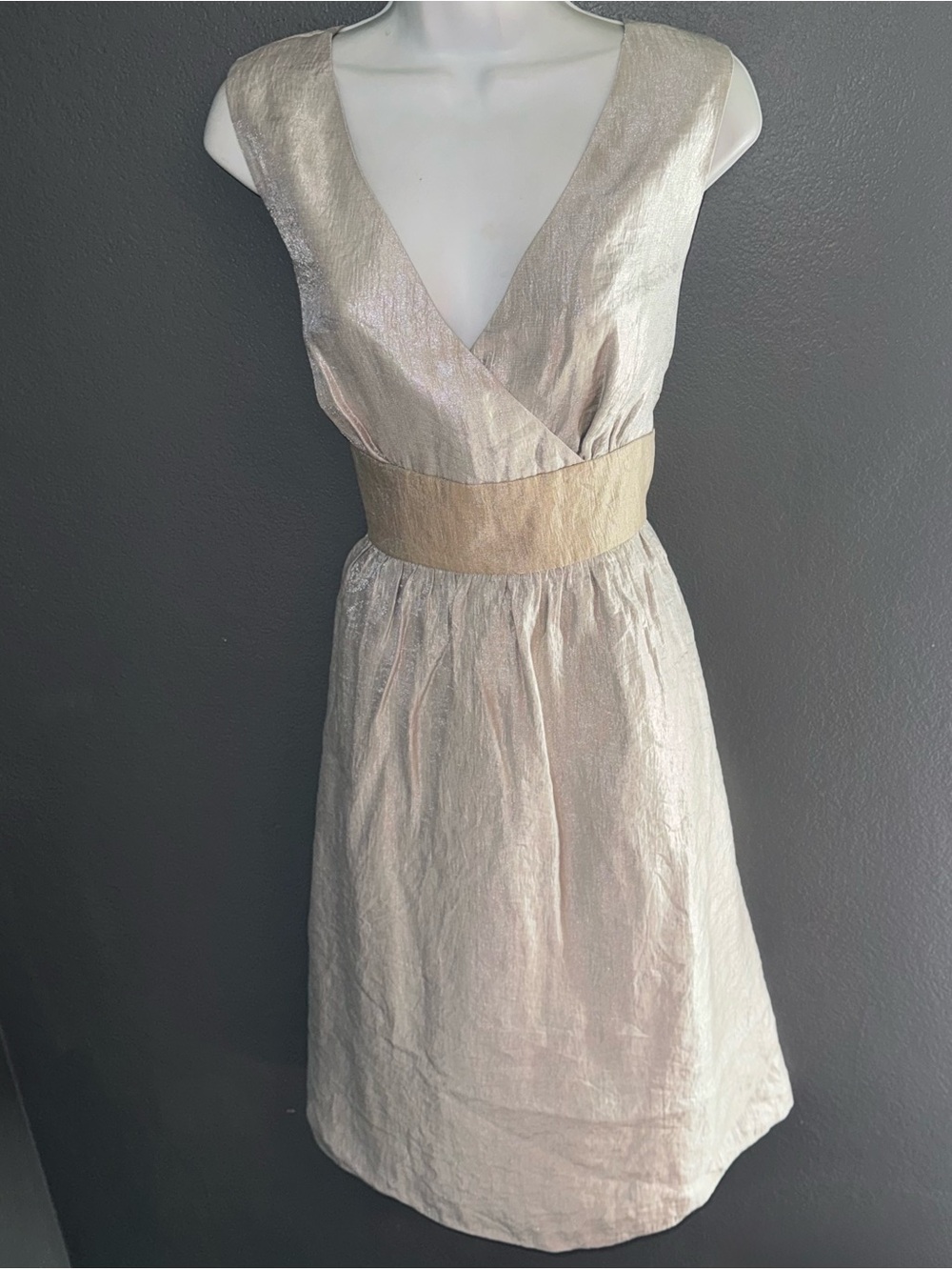 Coldwater Creek New w $119 Tags Shimmer Womens V-Neck Beige Gold Dress Large 12